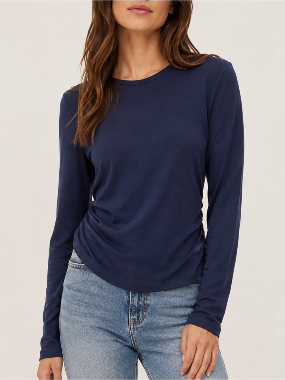 Xirena 100% Cotton Ruched Long-Sleeve Top Size M Navy Blue Soft Layering Piece